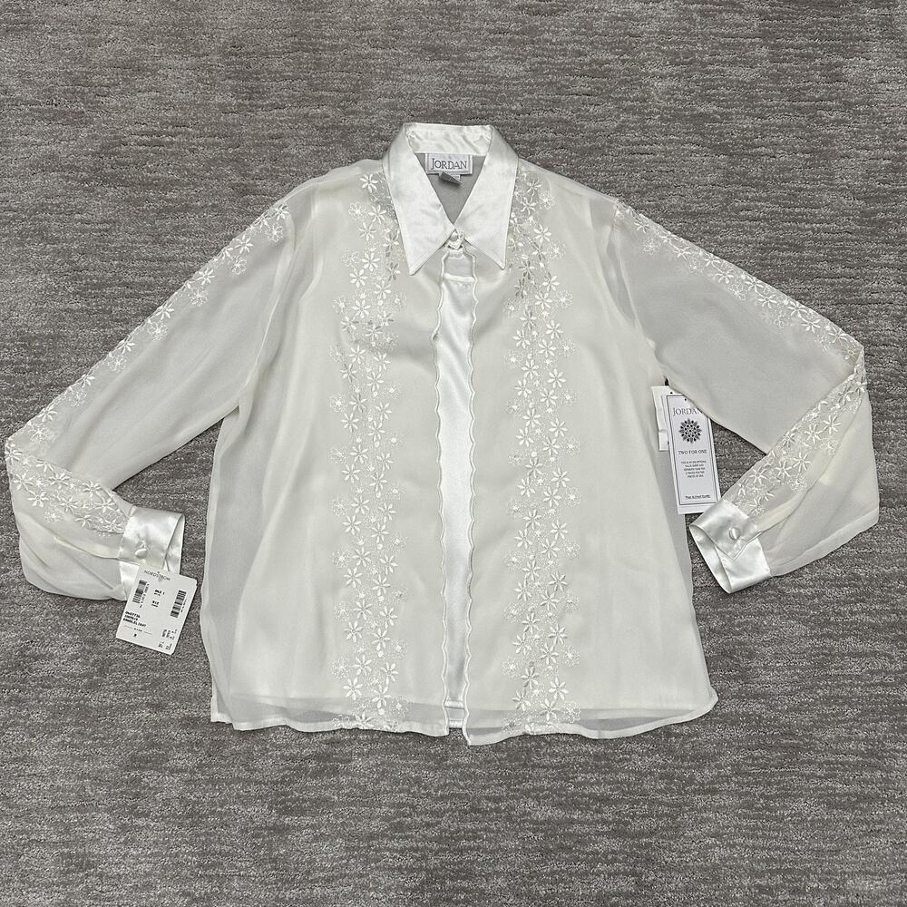 VTG Jordan Shirt Womens M Sheer Embroidered Floral Button Blouse Secretary 90s